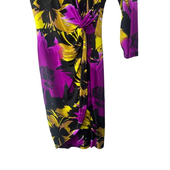 CACHE Purple & Black Tropical Floral Faux Sheath Wrap Dress Women's Small - Picture 4 of 7